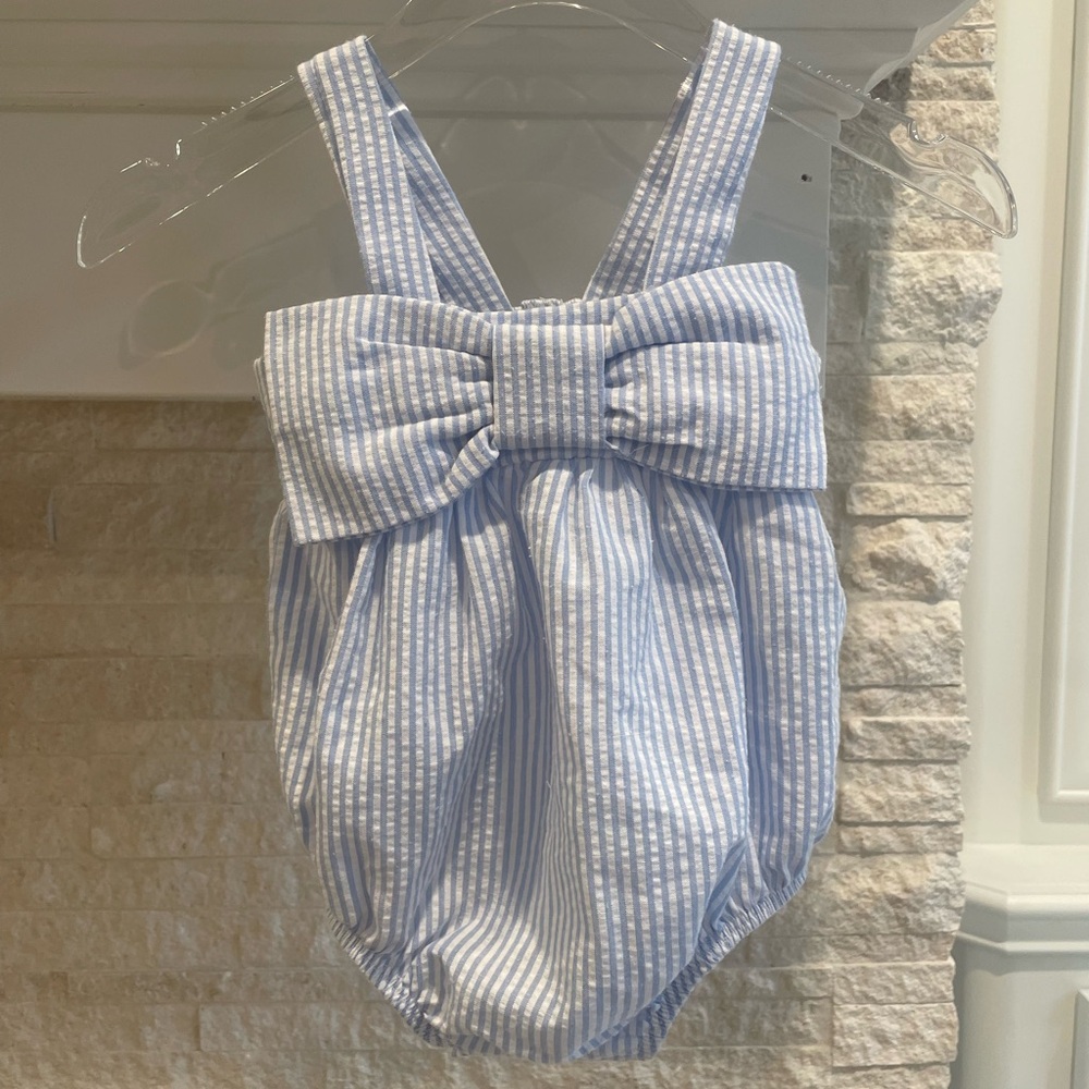Mudpie blue and White Striped Bow Baby Romper 3-6months